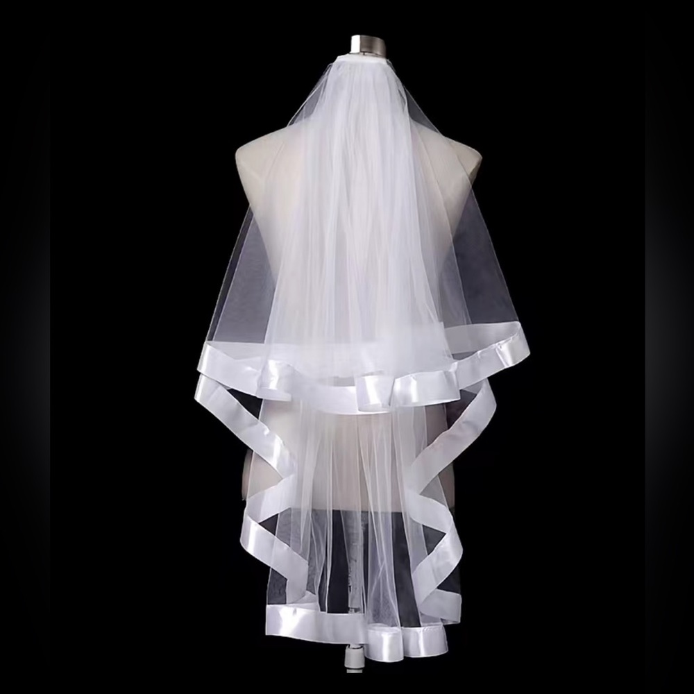 💕White Bridal Veil Wedding.  Double layer Ribbon. Super wedding Collar.